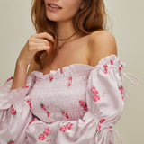 Çiçekli Puf Kollu Büzgülü Elbise