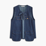 Kravat Yaka Cepli Pileli Denim Uzun Üst