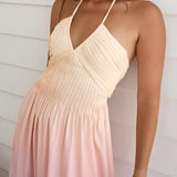 Pileli V Yaka Degrade Halter Elbise