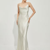 Saten Büzgülü Yaka Sırtı Açık Elbise