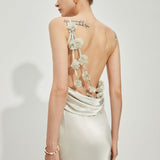 Saten Büzgülü Yaka Sırtı Açık Elbise