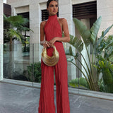 Krem Halter Yaka Pliseli Pantolon Takım