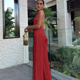 Krem Halter Yaka Pliseli Pantolon Takım