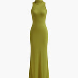 Balıkçı Yaka Kolsuz Sırtı Açık Nervürlü Uzun Elbise