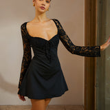 Kare Yaka Dantel Kollu Kısa Elbise