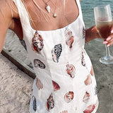 Baskılı Kesik Kare Yaka Kısa Elbise