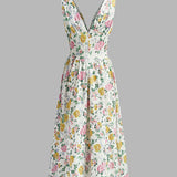 Baskılı V Yaka Kolsuz Uzun Elbise