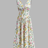 Baskılı V Yaka Kolsuz Uzun Elbise