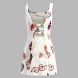 Baskılı Kesik Kare Yaka Kısa Elbise