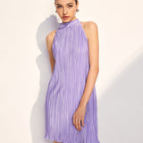 Drapeli Halter Pileli Kısa Elbise