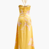 Halter Sırt Dekolteli Baskılı Uzun Elbise