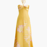 Halter Sırt Dekolteli Baskılı Uzun Elbise