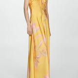 Halter Sırt Dekolteli Baskılı Uzun Elbise