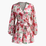 Baskılı Saten Uzun Kollu Kemer Elbise