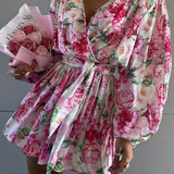 Baskılı Saten Uzun Kollu Kemer Elbise