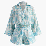 Yaka Çiçek Desenli Kemerli Şort Takımı