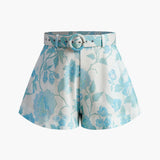 Yaka Çiçek Desenli Kemerli Şort Takımı