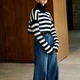 Siyah Beyaz Çizgili Triko Kazak