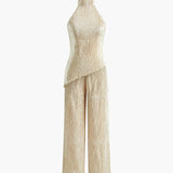 Krem Halter Yaka Pliseli Pantolon Takım
