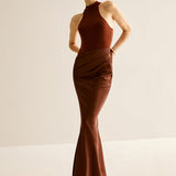 Açık Kesim Saten ve Jersey Maxi Elbise