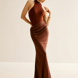 Açık Kesim Saten ve Jersey Maxi Elbise