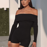 Siyah Omuzları Açık Mini Tulum