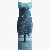 Manzara Desenli Askılı Elbise