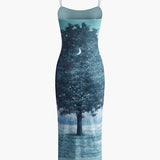 Manzara Desenli Askılı Elbise