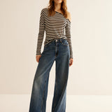 Asimetrik Yaka Çizgili Tişört