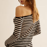 Asimetrik Yaka Çizgili Tişört