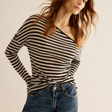 Asimetrik Yaka Çizgili Tişört