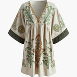 Boheme Nakışlı Plise Yarım Kol Elbise