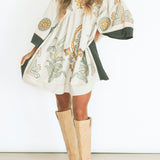 Boheme Nakışlı Plise Yarım Kol Elbise