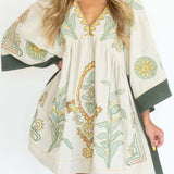 Boheme Nakışlı Plise Yarım Kol Elbise