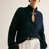 Siyah Örgü Desenli Metal Detaylı Kazak