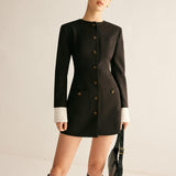 Siyah ve Beyaz Kontrast Detaylı Mini Blazer Elbise