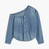 Asimetrik Yaka Denim Crop Gömlek