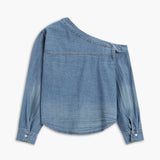 Asimetrik Yaka Denim Crop Gömlek