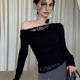 Asimetrik Yaka Dantel Panelli Bluz