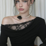 Asimetrik Yaka Dantel Panelli Bluz