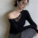 Asimetrik Yaka Dantel Panelli Bluz