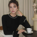 Siyah İnci Detaylı Fırfır Kol Triko Kazak