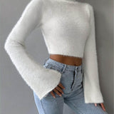 Beyaz Yüksek Yaka Crop Kazak