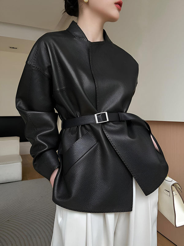 Obsidian Belted Leather Blazer