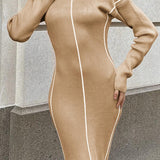 Bej Dikiş Detaylı Triko Elbise