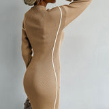 Bej Dikiş Detaylı Triko Elbise