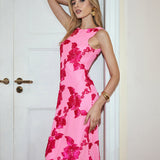 Jakarlı Çiçek Maxi Elbise