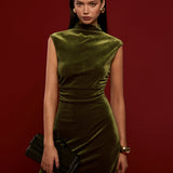 Mock Yaka Kolsuz Kadife Elbise