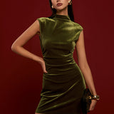 Mock Yaka Kolsuz Kadife Elbise