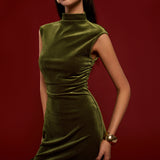 Mock Yaka Kolsuz Kadife Elbise